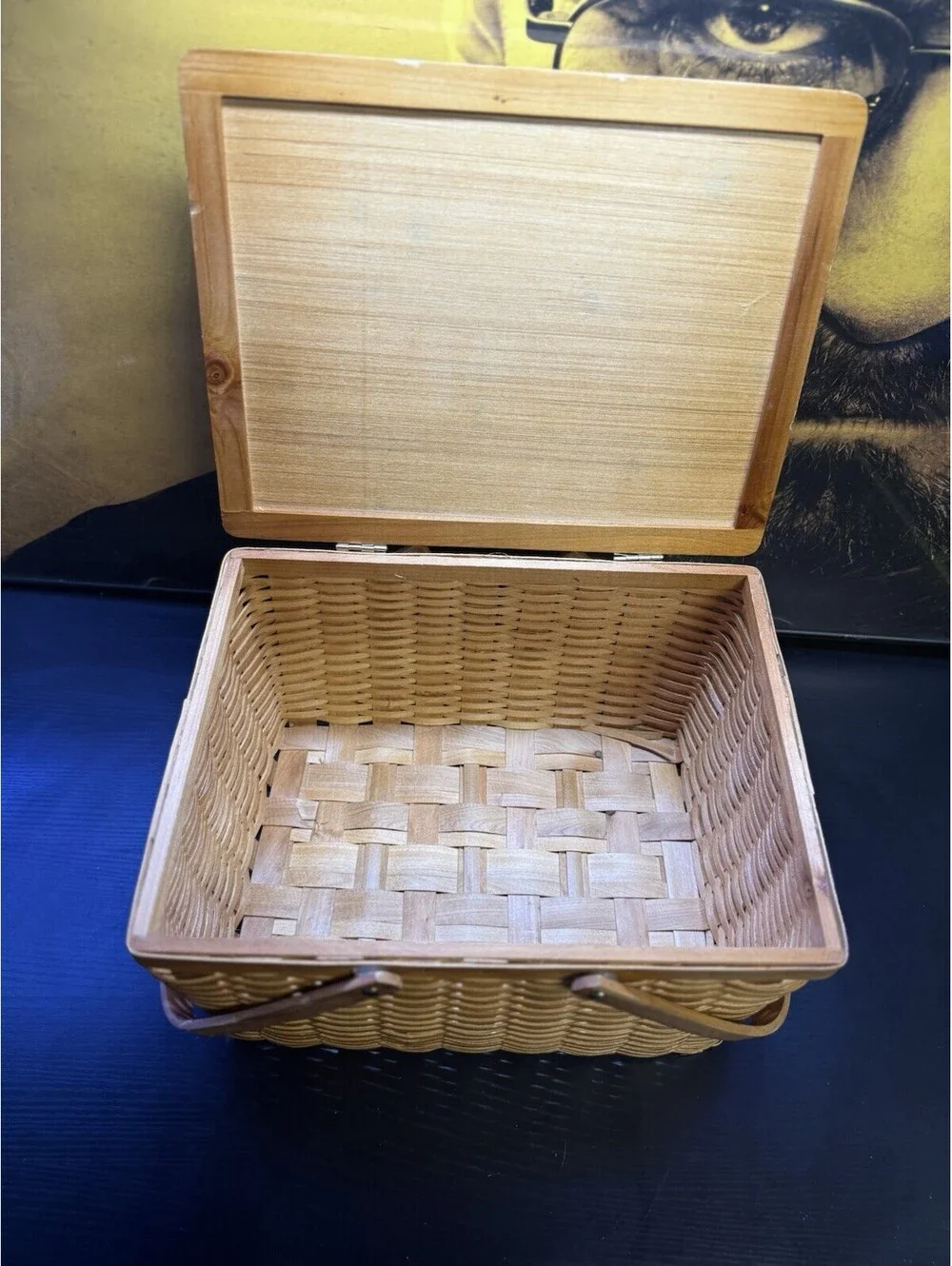 Vintage Woven Wood Picnic Basket Hinged Lid Dual Handles 15x11x9